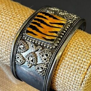 Brutalist Western Artisan Wide Cuff Bracelet Silver Metal Tooled Zebra Womens